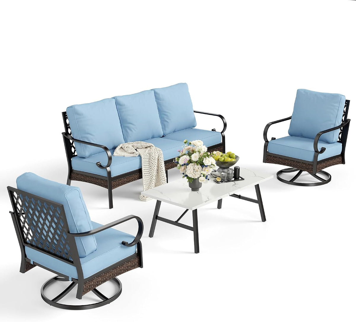 SUNSHINE VALLEY 4 PCS Metal Outdoor Patio Furniture Set, Patio Conversation Sets 1 3-Seater Sofa, 2 Swivel Chairs with 5.75' Extra Thick Cushion & Coffee Table, Black Frame Backyard Furniture, Blue