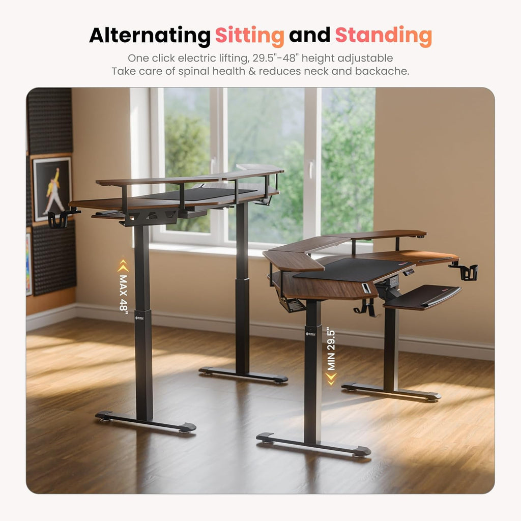 EUREKA ERGONOMIC 72' Standing Desk, Adjustable Height Dual Motor Computer Desk with Keyboard Tray & LED Monitor Stand, Gaming Music Studio Workstation, Slot Design, Deep Walnut