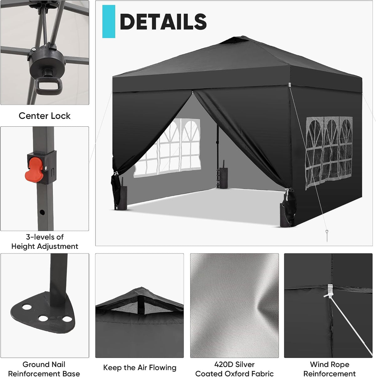GDY 12x12 Pop Up Canopy Tent with 4 Sidewalls, Easy Set up with One Push Lift Gazebo with Wheel Bag and4 Sandbags,Carpas for Events, Parties,Camping, Black.