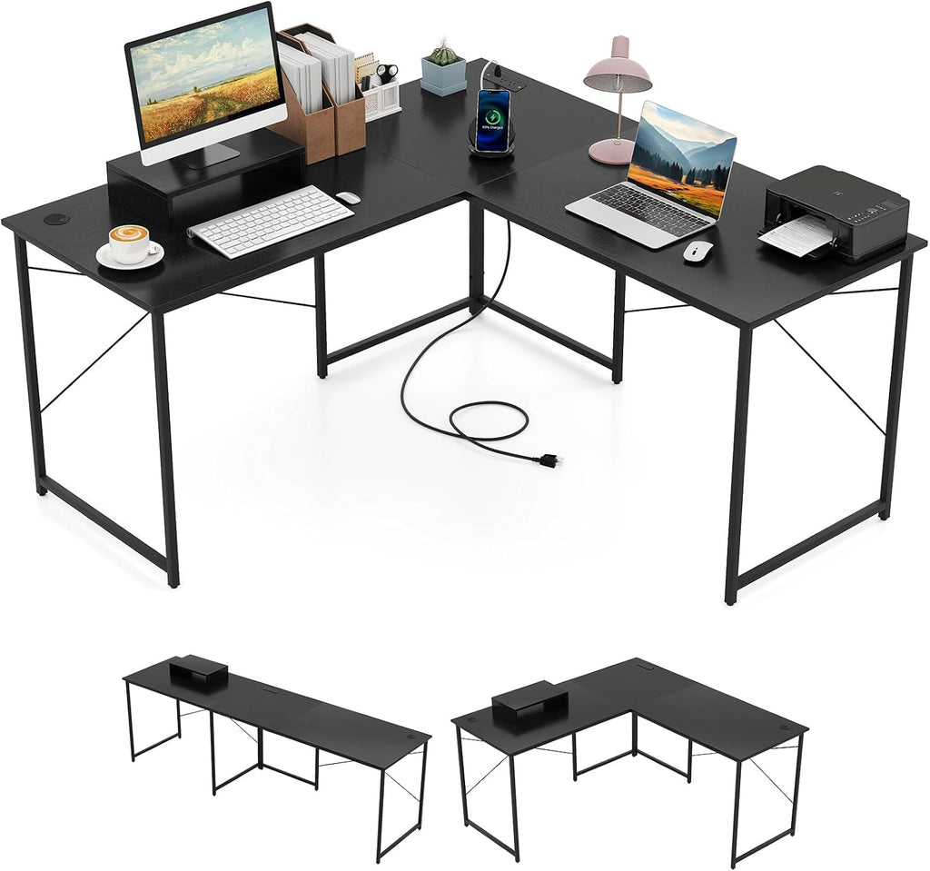 Tangkula L-Shaped Computer Desk with Power Outlets, 95' Long 2-Person Desk with Monitor Shelf, Modern Corner Desk Gaming Table with USB Ports for Home Office
