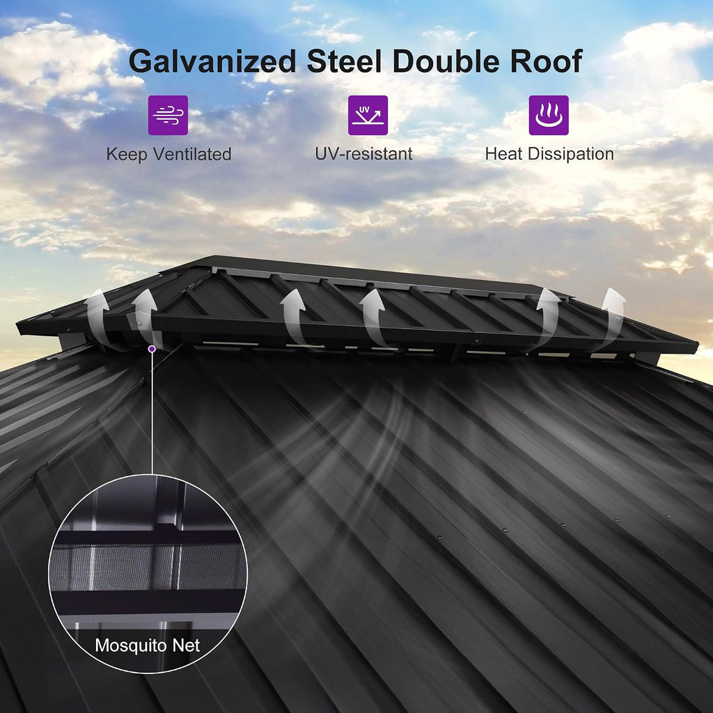 PURPLE LEAF 8' X 12' Hardtop Gazebo Outdoor Wood Grain Aluminum Frame Galvanized Steel Double Roof Gazebos with Netting and Curtains for Patio Deck Backyard Garden