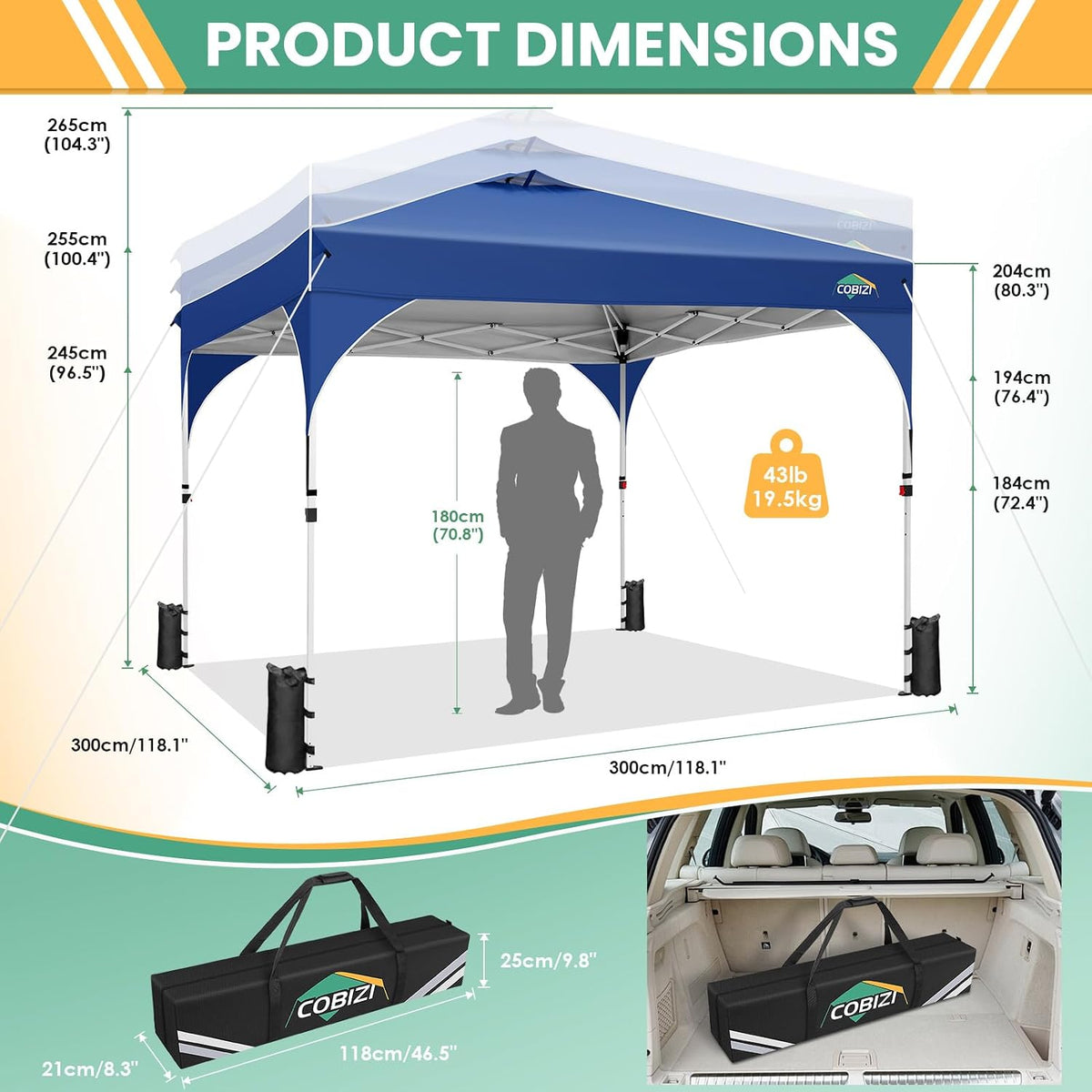 COBIZI 10x10 Pop up Canopy, Canopy Tent 10x10 with 3 Sidewalls, 1 Person Easy Set up，Tents for Parties, Outdoor Tent with Fluorescent Strip & 4 Sandbags, Waterproof, 3 Adjustable Height（Dark Blue）