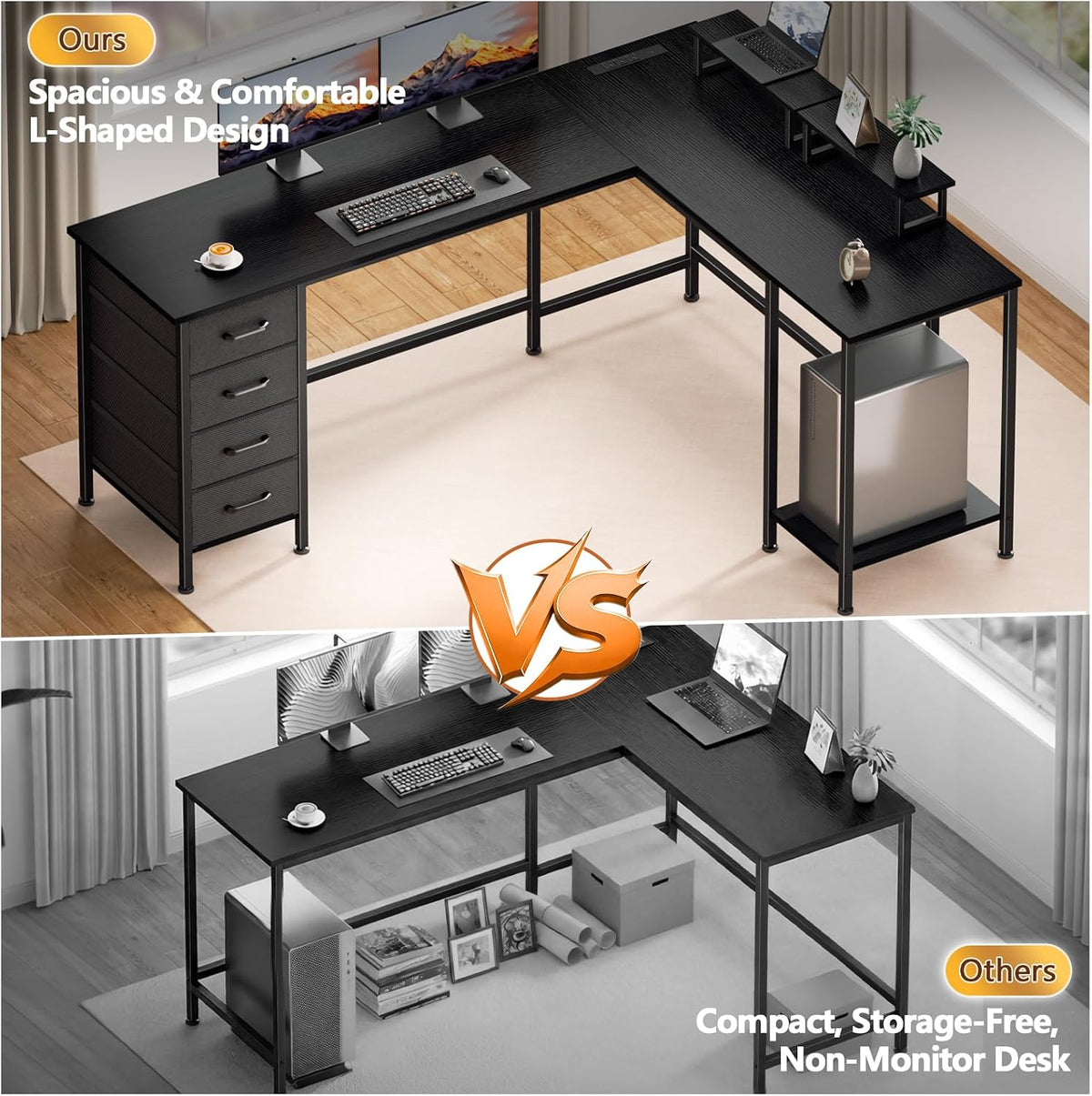 Korfile 66' L Shaped Computer Desk, 94.4'' Home Office Desk with Power Outlets, 4 Adjustable Storage Drawers & 2 Monitor Stands, Large Two Person Gaming Table for Writing Study, Black