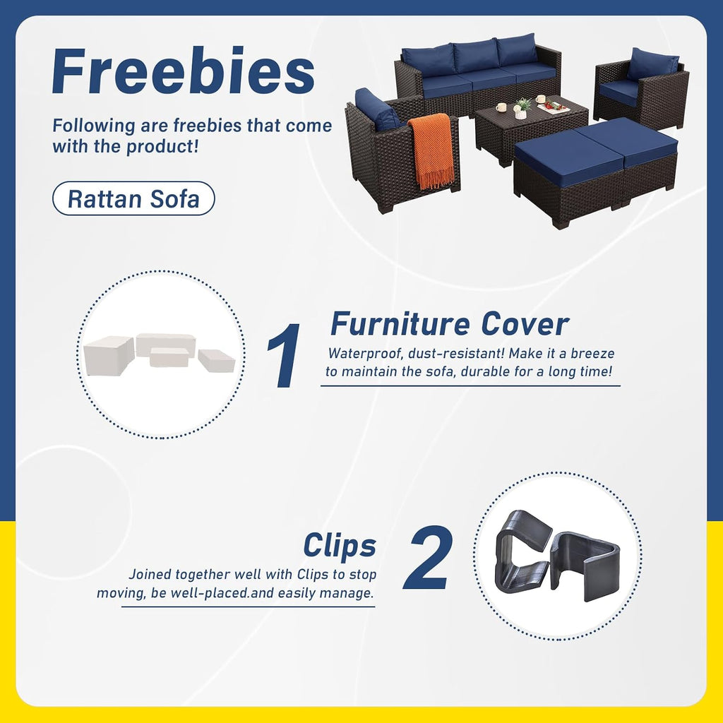 Rattan Star 6 Pieces Patio Outdoor Furniture Conversation Sets Patio Wicker Sofa Set with Outdoor Couch Patio Chairs and Storage Table Non-Slip Cushions Waterproof Covers, Navy Blue
