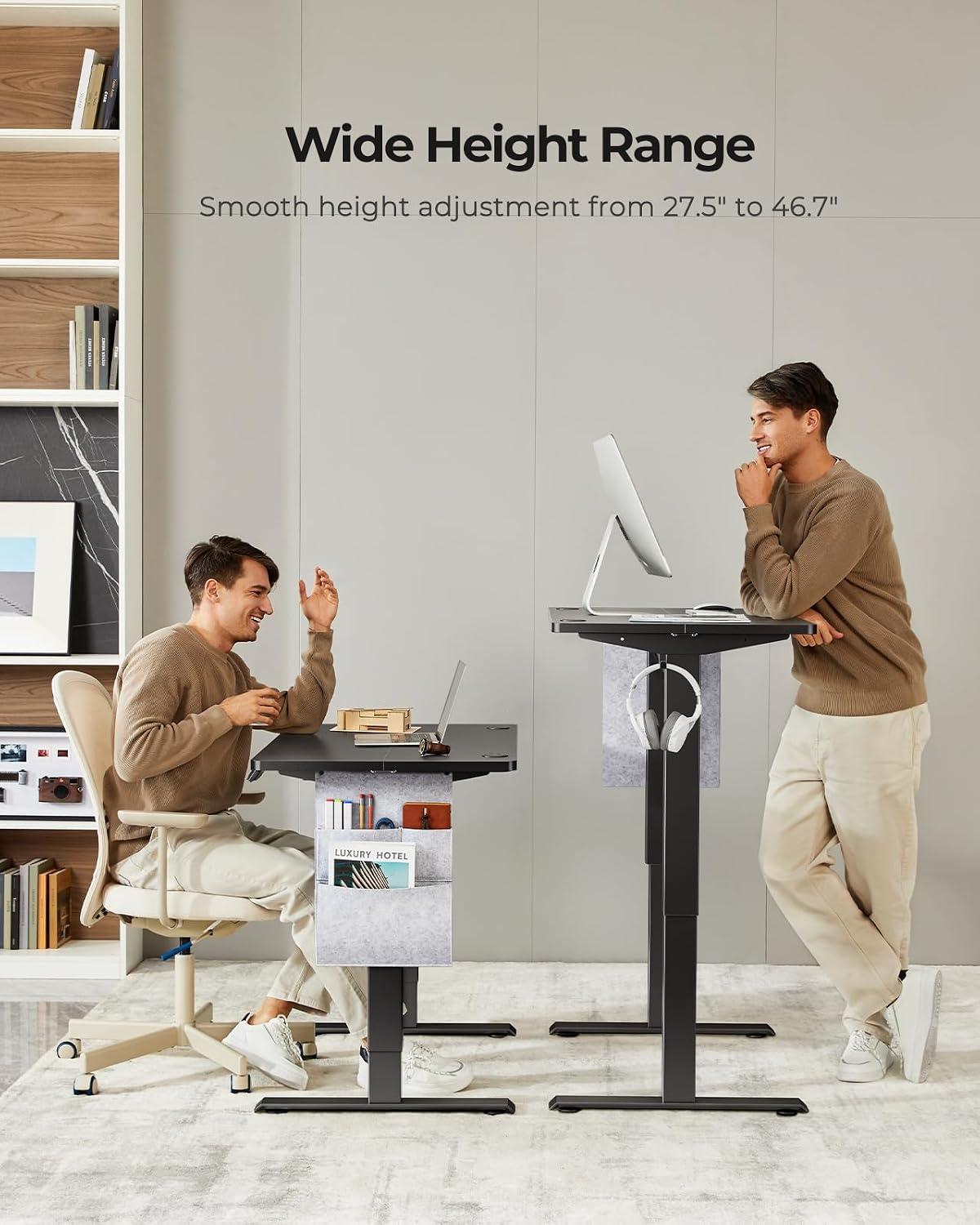 Marsail Electric Adjustable Height Standing Desk with Storage Bag, 48 * 24' Sit Stand Up Desk for Home Office,Computer Gaming Workstation, 4 Memory Height Settings,Cable Manager, and Headphone Hook