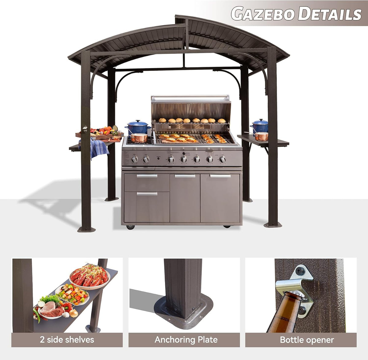 8x5FT Hardtop Grill Gazebo, All-Weather Outdoor Gazebo with 2 Side Shelves and Bottle Opener, Galvanized Steel Double ARC Roof, Outdoor Metal Grill Canopy for Patio, Backyard, Lawn, Deck – Brown