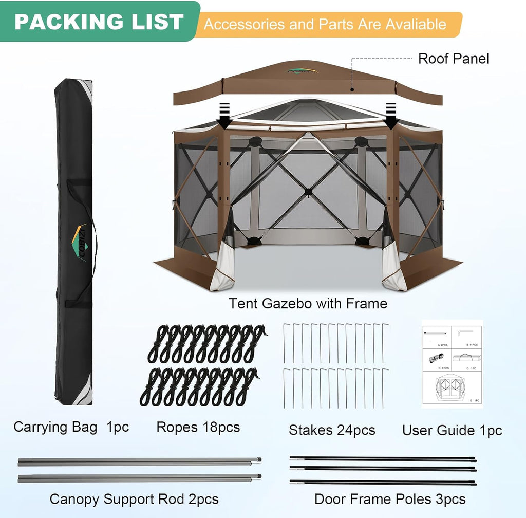 COBIZI 12x12 FT Pop Up Canopy Extendable Tent, Gazebos On Clearance with Removable Roof,Screened in Gazebo,Screen Tents Portable carpas para Patio for Outdoor Camping,Backyard, Garden,Brown(Upgraded)