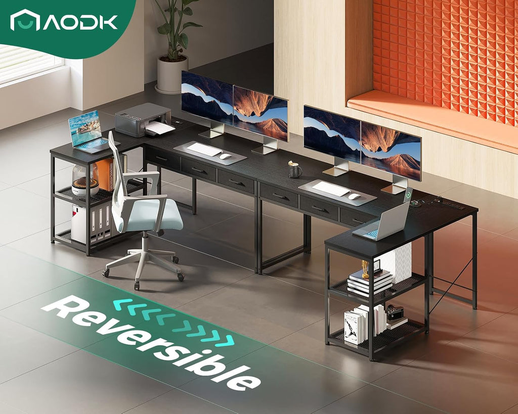 AODK 53 Inch L Shaped Computer Desk with Drawers, Corner Desk with Power Outlets & Reversible Storage Shelves, for Home Office Gaming, Black