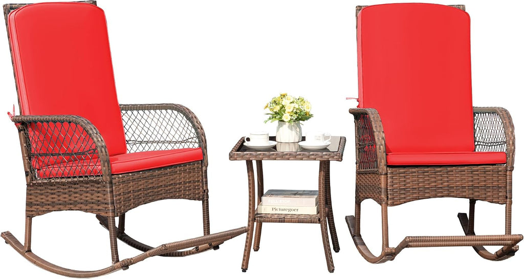 Greesum 3 Piece Outdoor Wicker Rocking Chairs Patio Furniture Set with Glass Coffee Table for Garden Backyard Porch Poolside, Red