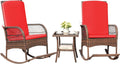 Greesum 3 Piece Outdoor Wicker Rocking Chairs Patio Furniture Set with Glass Coffee Table for Garden Backyard Porch Poolside, Red