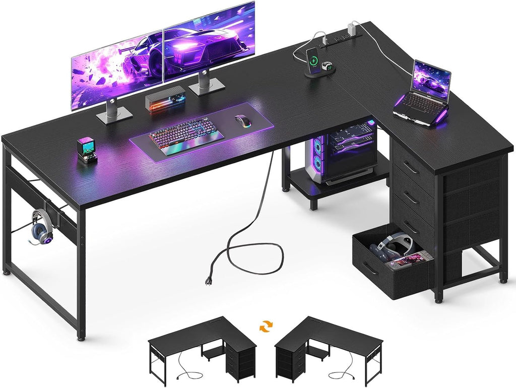 AODK L Shaped Gaming Desk with 4 Drawers, 67' Reversible Home Office Desks with Power Outlets, L Shaped Computer Desk with USB Charging Port and Host Stand, Corner Desk, Easy to Assemble, Black