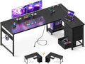 AODK L Shaped Gaming Desk with 4 Drawers, 67' Reversible Home Office Desks with Power Outlets, L Shaped Computer Desk with USB Charging Port and Host Stand, Corner Desk, Easy to Assemble, Black