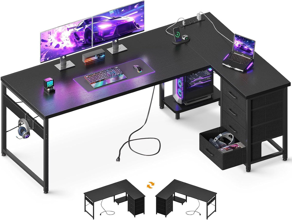AODK L Shaped Gaming Desk with 4 Drawers, 67' Reversible Home Office Desks with Power Outlets, L Shaped Computer Desk with USB Charging Port and Host Stand, Corner Desk, Easy to Assemble, Black