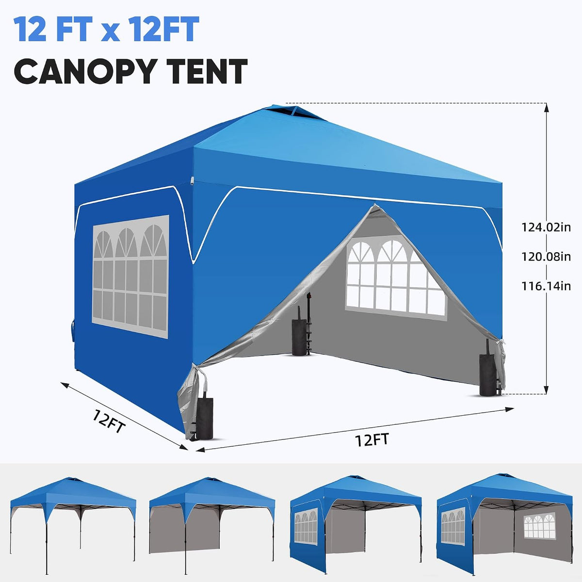 GDY 12x12 Patio Pop Up Canopy Tent with 4 Sidewalls, Easy Set up with One Push Lift Outdoor Silver Coated Beach Gazebos, Carpas with 4 Sandbags, for Parks, Parties,Camping, Blue.