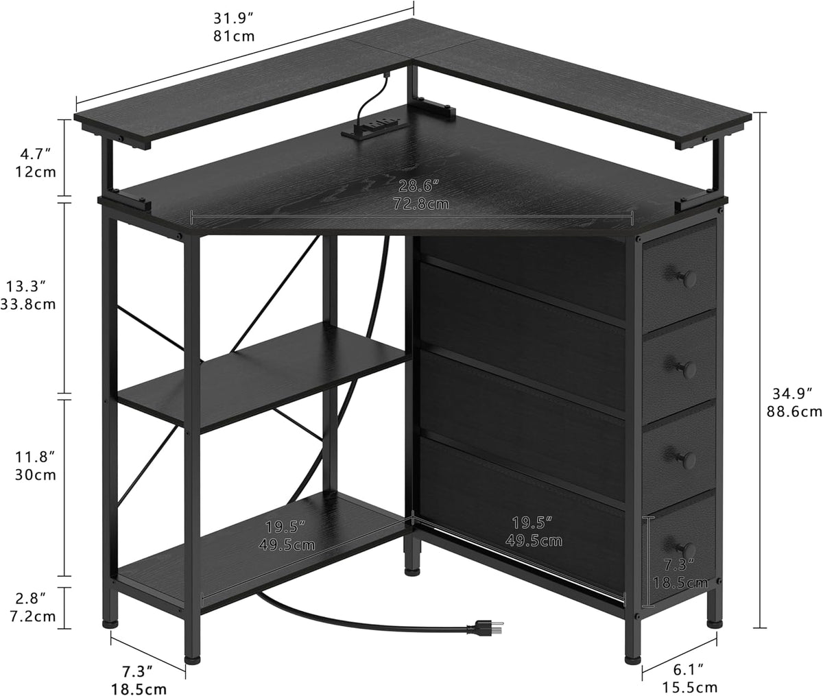 VENNQD Corner Desk with Drawers Shelves for Small Space 90 Degrees Triangle Computer Desk with Power Outlets,Gaming Desk with LED Lights Monitor Stand for Home Office Workstation Writing Table (Black)