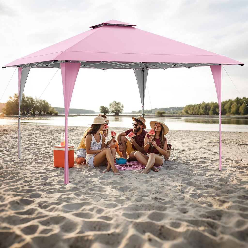Tangkula 13x13 FT Pop Up Gazebo, UPF50+ Outdoor Sunshade Shelter with Carrying Bag, 8 Stakes, 4 Wind Ropes, Foldable Outdoor Gazebo for Beach Party Event Camping (Pink)