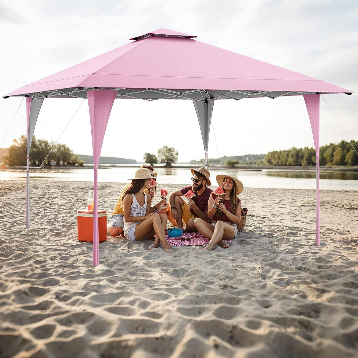 Tangkula 13x13 FT Pop Up Gazebo, UPF50+ Outdoor Sunshade Shelter with Carrying Bag, 8 Stakes, 4 Wind Ropes, Foldable Outdoor Gazebo for Beach Party Event Camping (Pink)