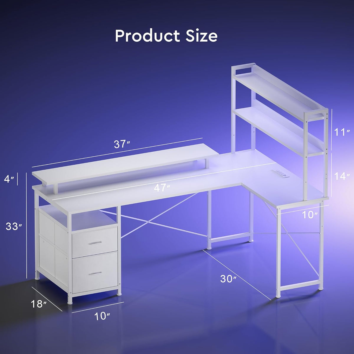 Maihail L Shaped Gaming Desk with Shelves,Reversible Computer Gaming Desk with LED Lights and Charging Station,Home Office Corner Desk with Monitor Stand,White