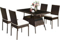Tangkula 5 Piece Patio Wicker Dining Set, Outdoor Rattan Table and Chairs with w/Tempered Glass Table Top & Padded Cushions, Wicker Patio Conversation Furniture Set for Balcony Patio Garden Poolside
