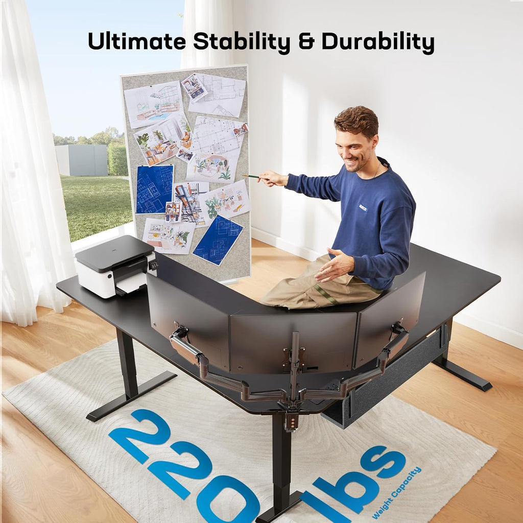 HUANUO Electric L Shaped Standing Desk, 63' x 63' Height Adjustable Corner Standing Desk with Built-in Power Outlets & Power Strip Holder, Sit Stand Up Table with 4 Preset Heights, Black