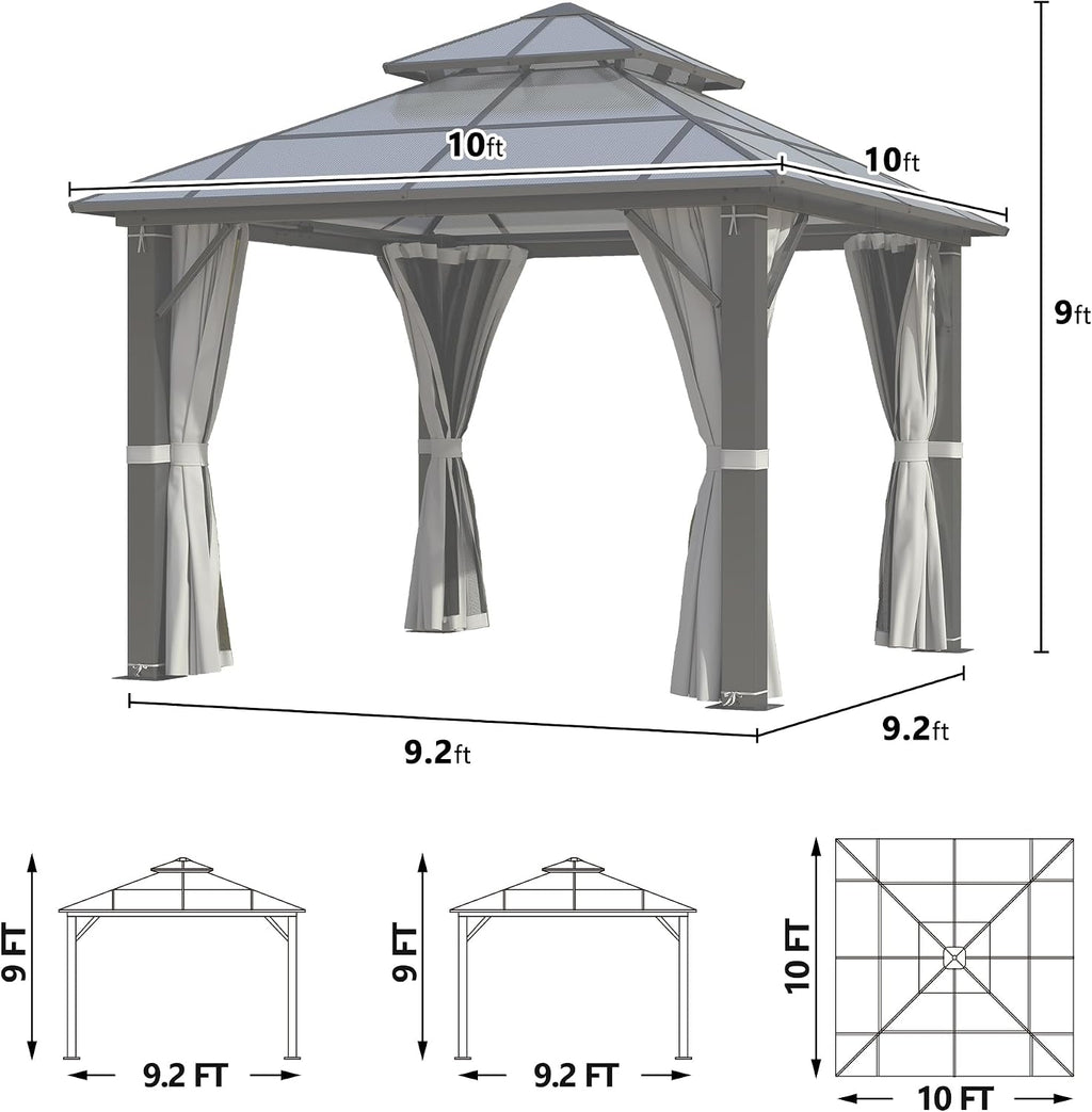 Hardtop Gazebo 10' x 10', Patio Gazebos with Polycarbonate Roof & Steel Frame, Outdoor Pavilion with Gray Curtain&Netting for Backyard/Lawn/Garden/Deck