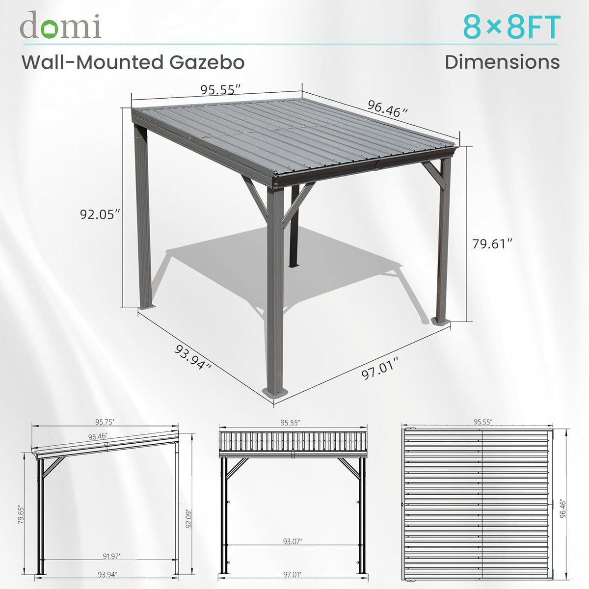 Domi 8' x 8' Lean to Gazebo, Wall Mounted Gazebos Pergola with Built in Drainage System, Galvanized Steel Roof, Hardtop Patio Shelter for Deck, Porch, Backyard and More