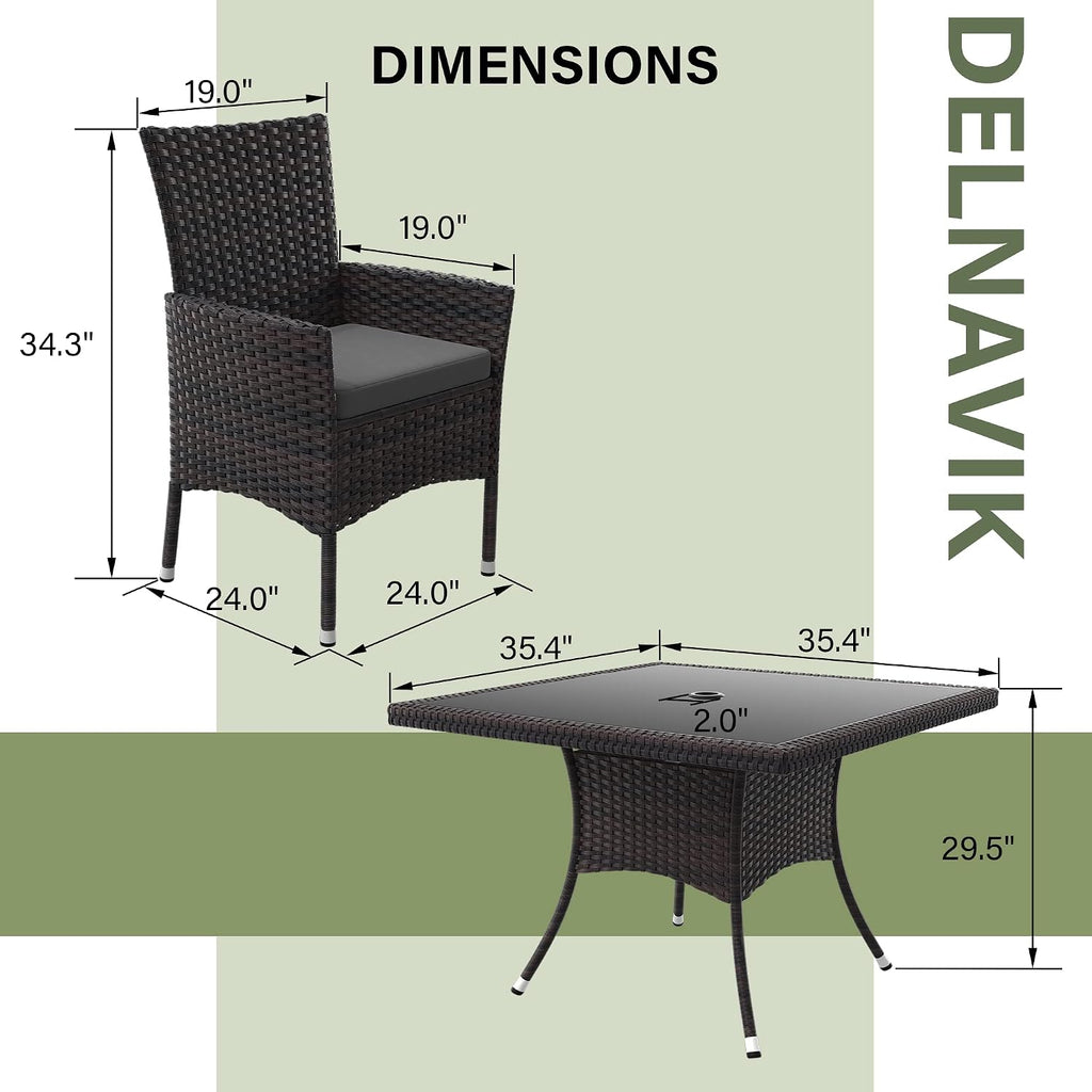 Kurapika 5-Piece Patio Furniture Outdoor Dining Set, Wicker Rattan Patio Dining Table and 4 Chairs Set, Square Tempered Glass Tabletop with Umbrella Hole, for Patio, Backyard, Grey