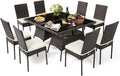 Tangkula 10 Pieces Wicker Patio Dining Set, Outdoor Rattan Table & Chairs Set with Padded Cushions, Patio Furniture Dining Glass Table Set for Balcony Patio Garden Poolside