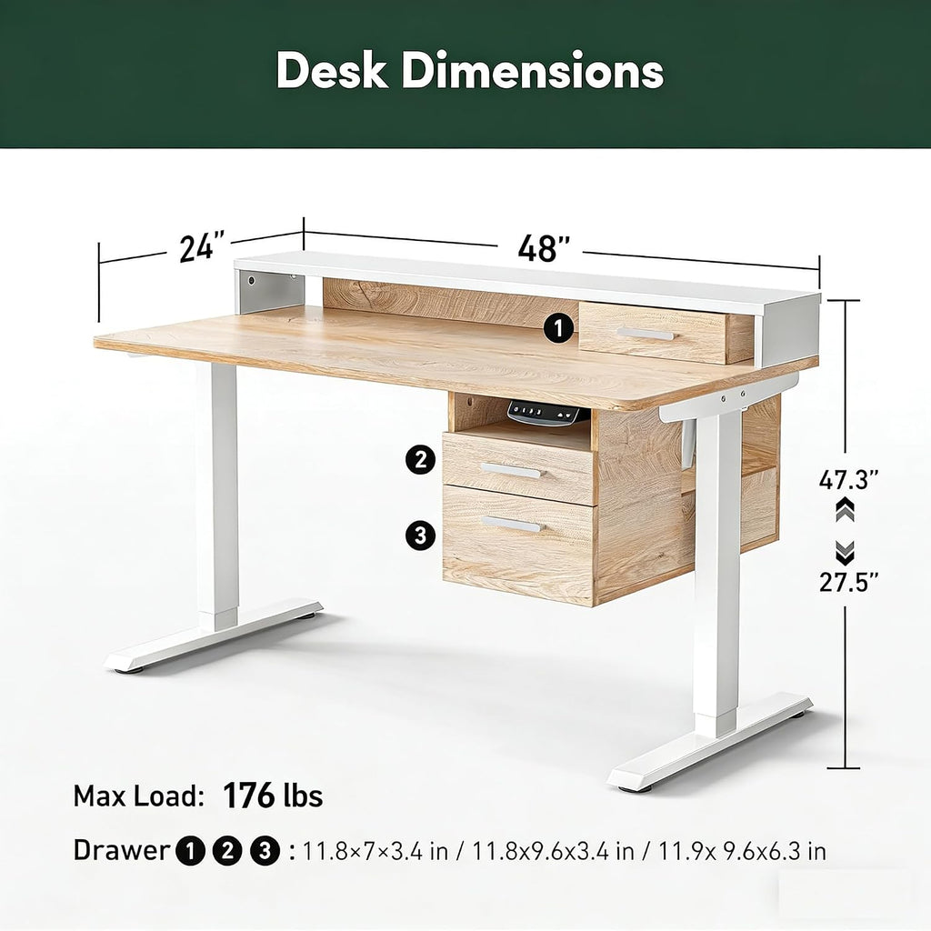 FEZIBO Standing Desk with Wood Drawers, 48' x 24' Electric Height Adjustable Table with Monitor Shelf, 3 Drawers and Open Storage, Computer Home Office Sit and Stand up Workstation, Maple