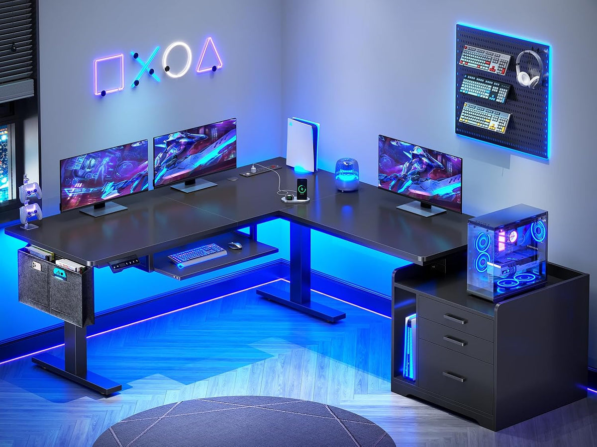 SEDETA L Shaped Electric Standing Desk with File Cabinet, 63 x 53'' Height Adjustable Home Office Computer Desk with Drawers, Power Outlet, Stand up Gaming Table with Led Lights, Keyboard Tray, Black