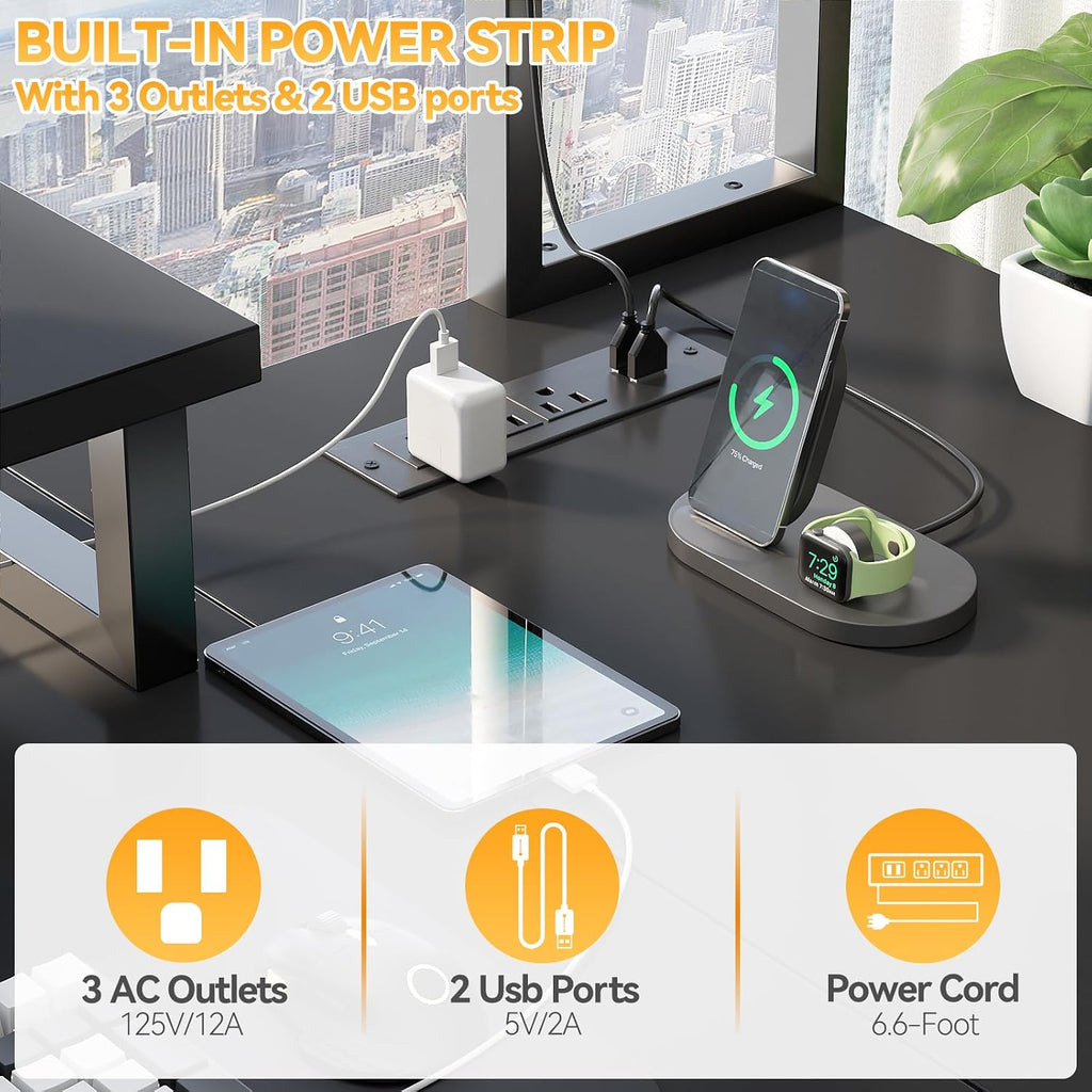 Aheaplus Small L Shaped Gaming Desk with LED Lights & Power Outlets, Reversible L-Shaped Computer Desk with Monitor Stand & Storage Shelf, Corner Desks Home Office Desk with Storage Bag, Black