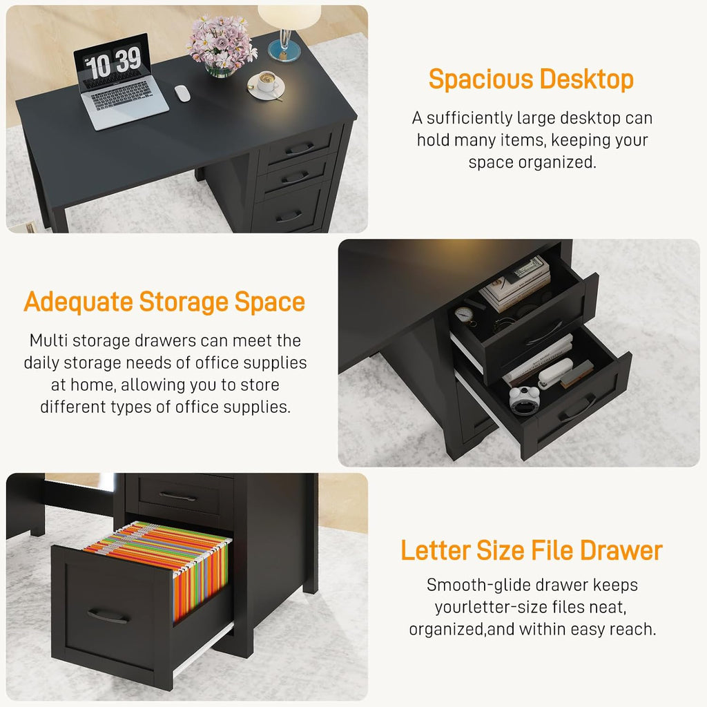 Vabches Farmhouse 47' Executive Desk with File Drawer, Mutual Installation Rustic Computer Desk with 2 Storage Drawers,Office Home Workstation for Work Study Writing, Black