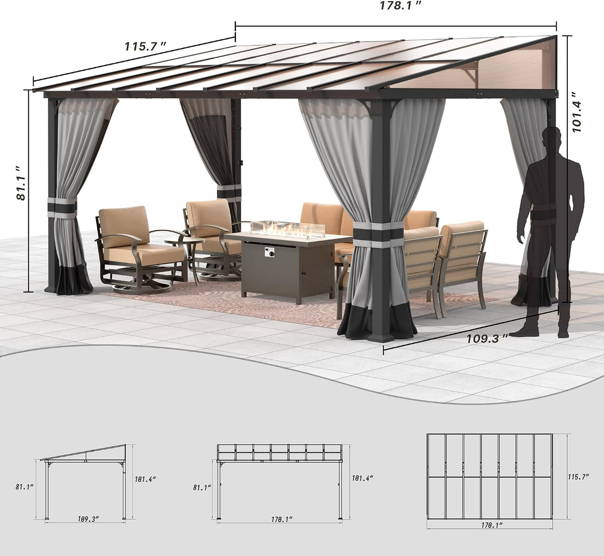 Gotland 10 FT x 14 FT Lean to Gazebo, 3 in 1 Outdoor Gazebo with Sloped Roof, Wall Mounted Gazebo with Ground Anchor Sturdy Structure, Galvanized Steel Metal Pergola for Backyard Deck Grey