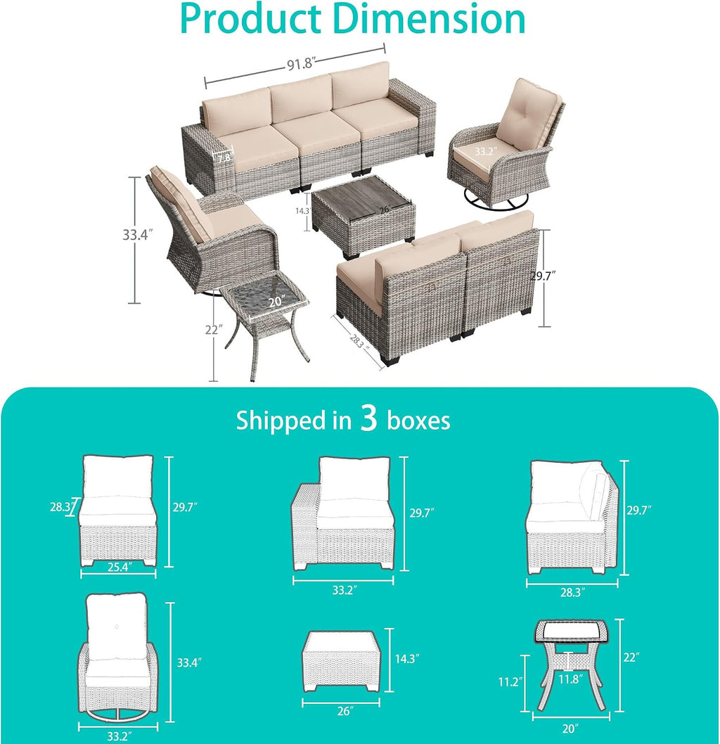 9-Piece Outdoor Patio Furniture Set with Rocking Swivel Chair Wicker Sectional Sofa Set, Patio Conversation Set with Thickened Cushions & Coffee Table for Garden, Backyard, Poolside, Beige