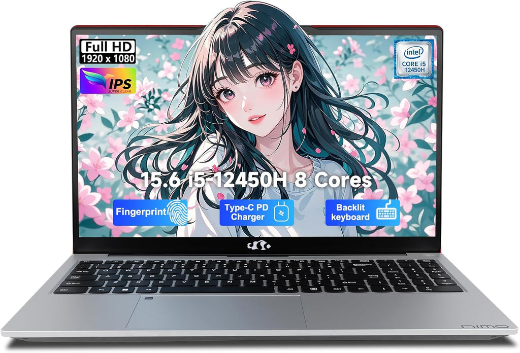 NIMO 15.6' FHD lPS-Business-Laptop, 8 Cores i5-12450H 16GB RAM 512GB SSD (Beat i7-11800H, Up to 4.4 GHz) 100W Type-C Fingerprint Backlit Keyboard WiFi-6, for Home and Student