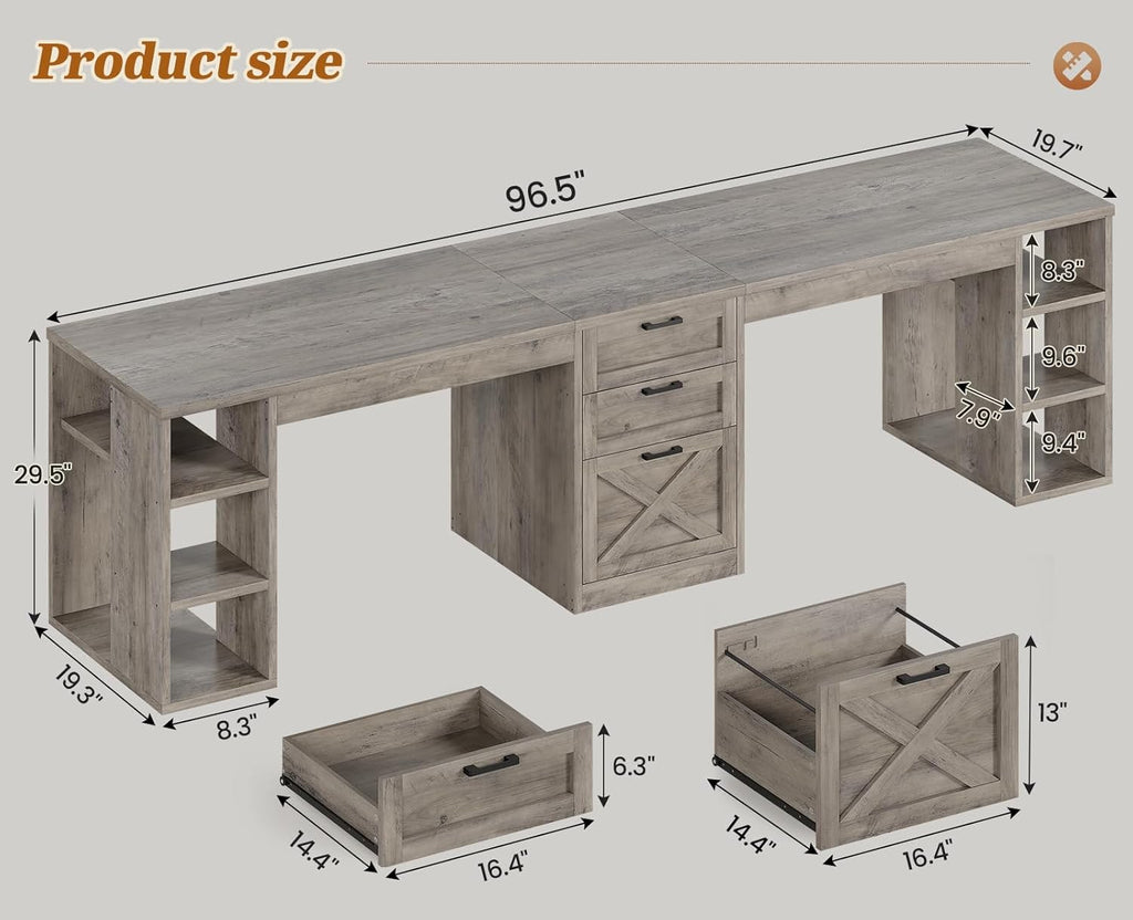 SEDETA Farmhouse 96.5' Computer Desk with Drawers, 2 Person Home Office Desk, Gaming Double Desk with Storage Shelves, Long Two Person Writing Desk (Grey)