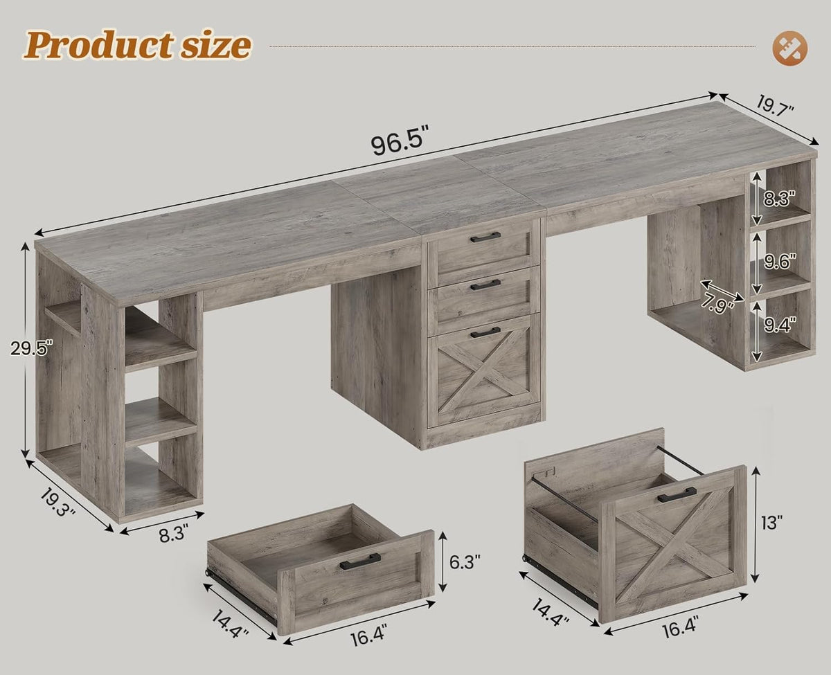 SEDETA Farmhouse 96.5' Computer Desk with Drawers, 2 Person Home Office Desk, Gaming Double Desk with Storage Shelves, Long Two Person Writing Desk (Grey)