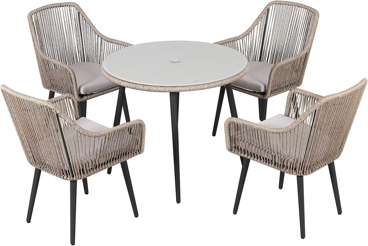 Patiorama 5-Piece Patio Dining Set, Outdoor Dining Table Chair Set, All-Weather Twisted Rattan Wicker Rope Conversation Set, Patio Furniture Set w/Umbrella Hole, 4 Cushioned Chairs&Glass Table(Tan)