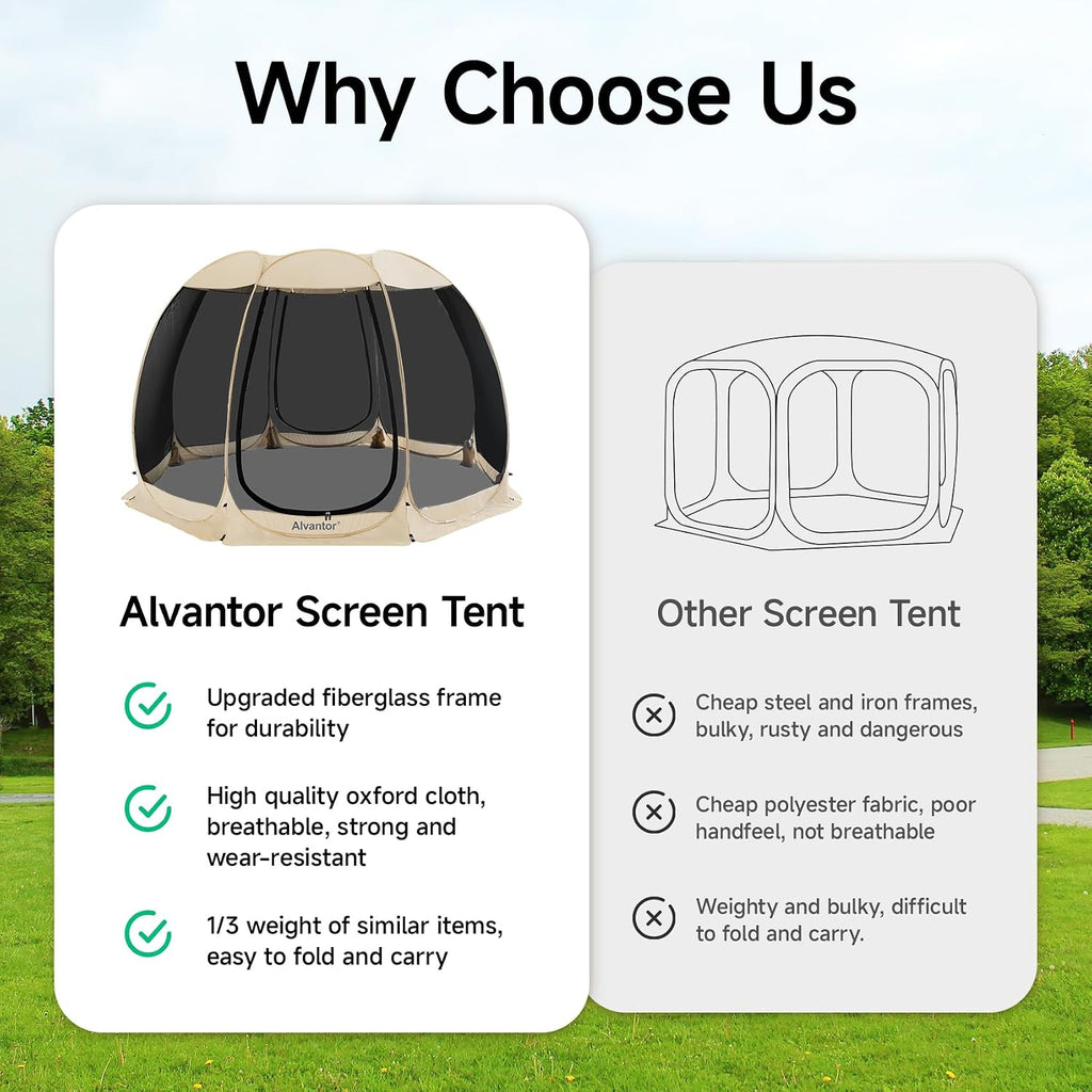 Alvantor® Screen House Room Camping Tent Outdoor Canopy Pop Up Sun Shade Shelter 8 Mesh Walls Not Waterproof Beige 12'x12' Patent Pending