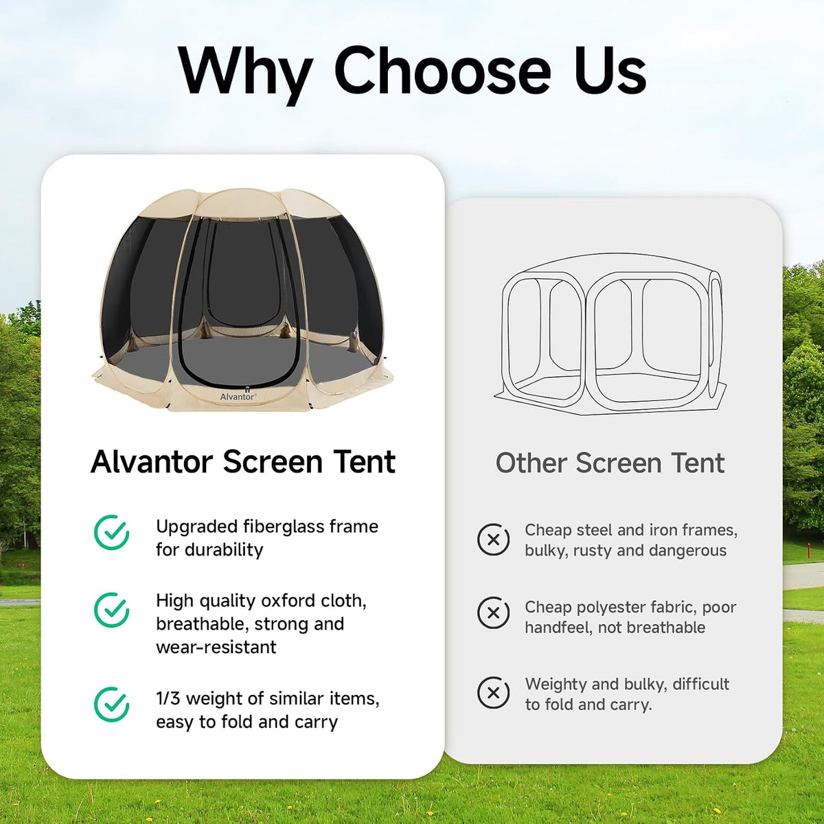 Alvantor® Screen House Room Camping Tent Outdoor Canopy Pop Up Sun Shade Shelter 8 Mesh Walls Not Waterproof Beige 12'x12' Patent Pending