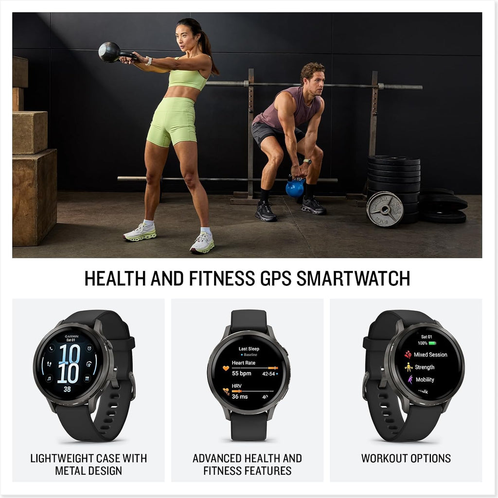 Garmin Venu 4 (41mm) GPS Smartwatch Slate with Black Silicone Band Bundle w/Deco Essentials Charging Dock, 3-Pack Dust Covers & 2-Pack 1.2' Screen Protectors