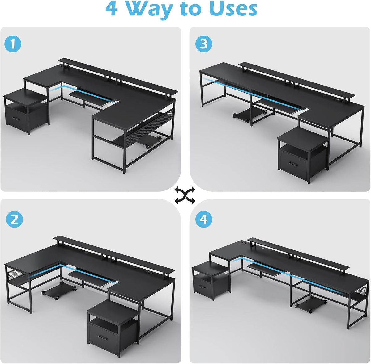 SEDETA U Shaped Desk,101.5''Reversible L Shaped Home Office Desk with Drawer & Power Outlet,Computer Two Person Desk with Monitor Shelf, Keyboard Tray, Black