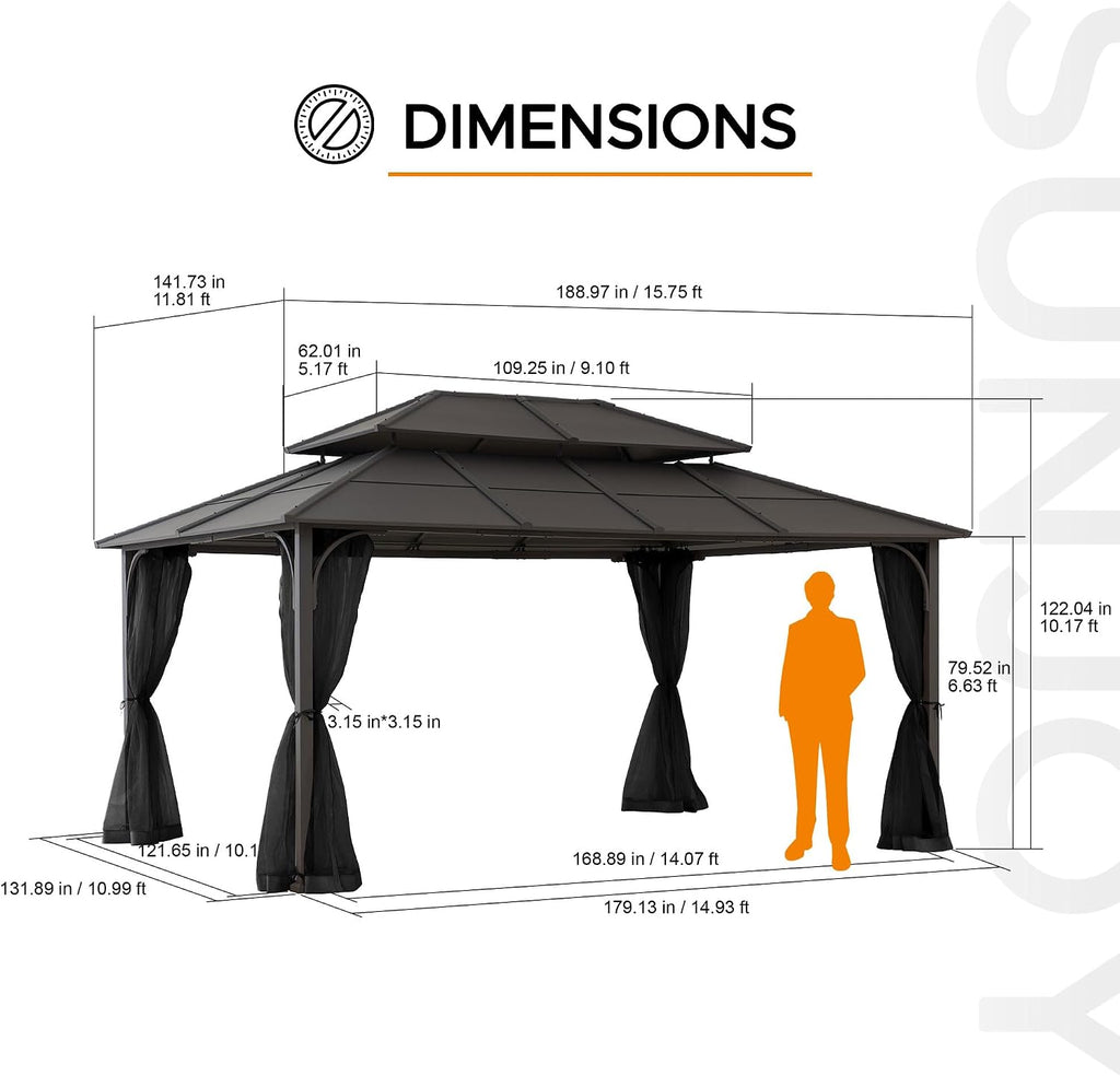 Sunjoy Hardtop Gazebo 12 x 16 ft. Outdoor Gazebo, Heavy Duty Steel Frame Gazebo, Double Tiered Metal Gazebo with Ceiling Hook and Removable Netting Sidewalls, Brown