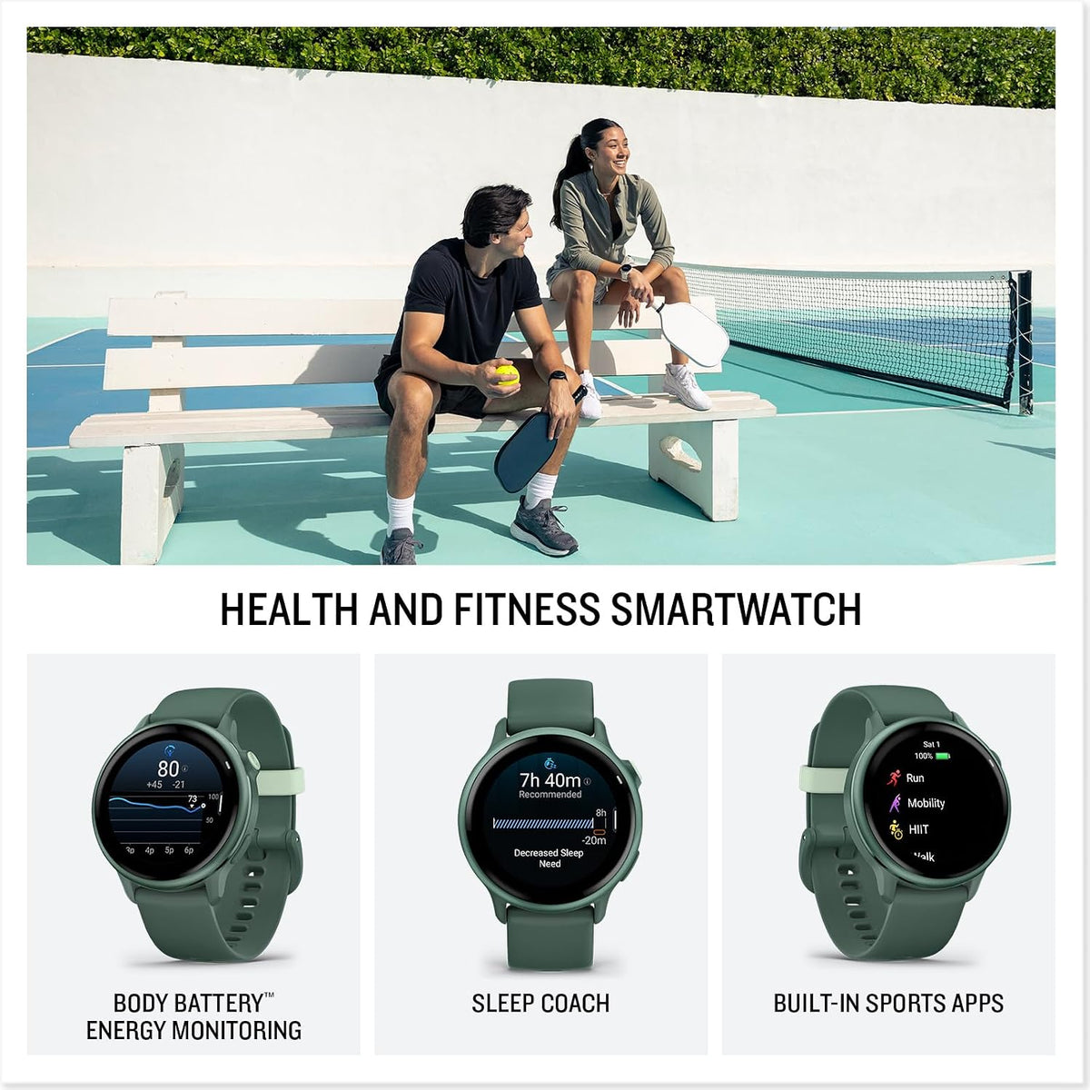 Garmin Vivoactive 6 Fitness GPS Smartwatch AMOLED Display Metallic Jasper Green with Green Band, 11-Day Battery, 80+ Sports Modes, Activity Tracking Smart Features, Music, Contactless Payments Bundle