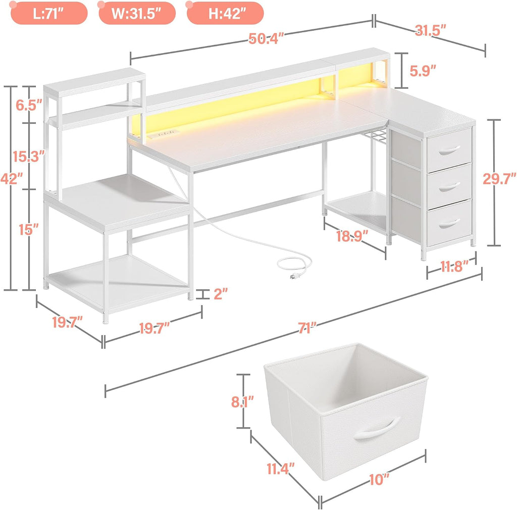 EnHomee 71' L Shaped Gaming Desk with LED Lights,White Computer Desk with Drawers and Printer Shelf,Power Outlet,Reversible Home Office Desks with Storage and Monitor Stand