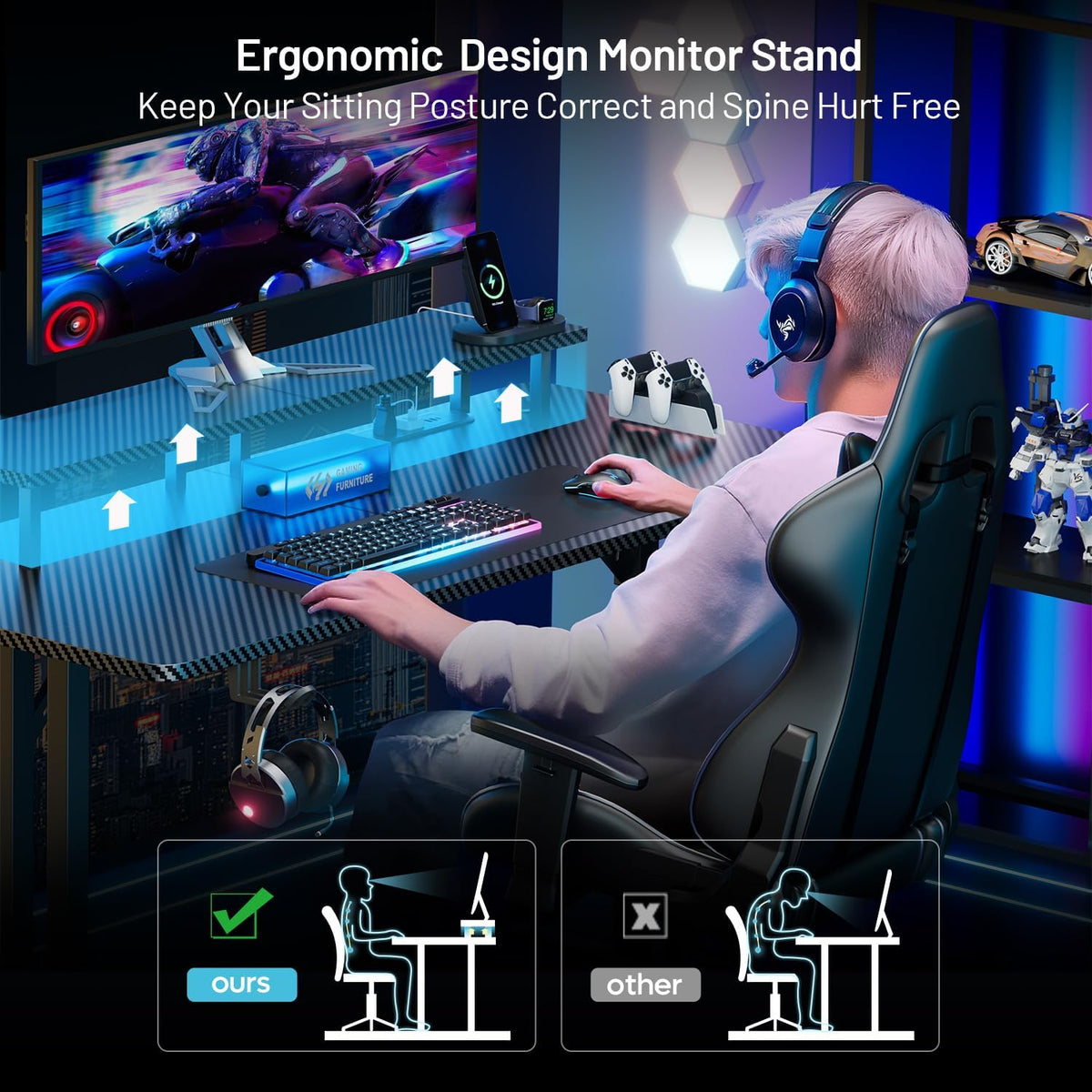 HLDIRECT 55 Inch Gaming Desk with 5 Sockets & LED Lights, Computer Gamer Desk with Monitor Stand, Ergonomic Carbon Fiber Gaming Table Home Office Desk with Cup Holder, Headphone Hook & Mouse Pad