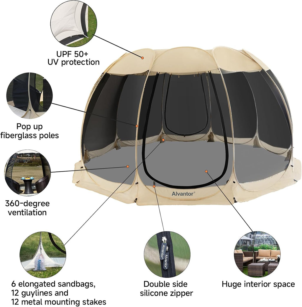 Alvantor® Screen House Room Camping Tent Outdoor Canopy Pop Up Sun Shade Shelter 10 Mesh Walls Not Waterproof Beige 15'x15' Patent Pending