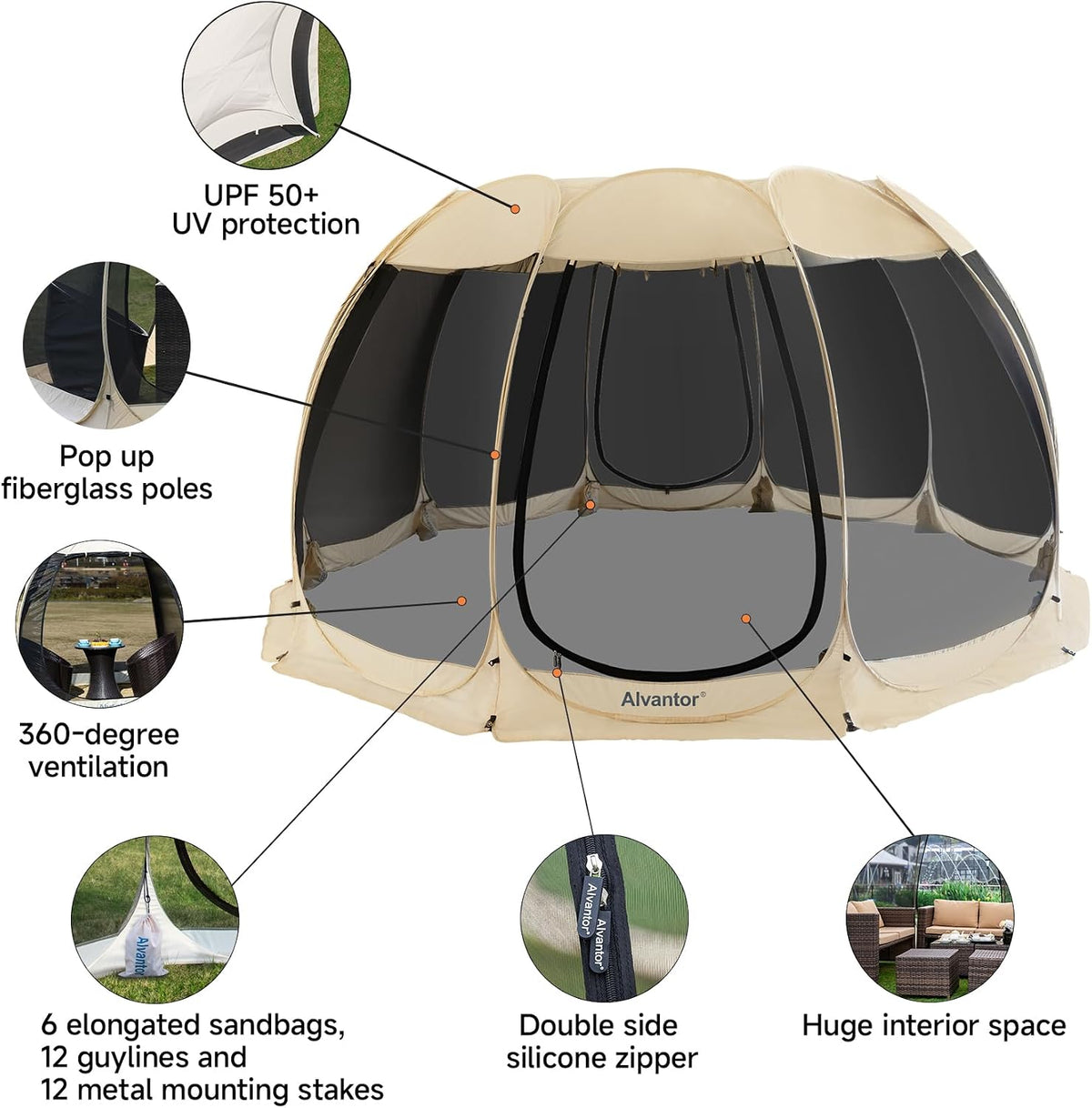 Alvantor® Screen House Room Camping Tent Outdoor Canopy Pop Up Sun Shade Shelter 10 Mesh Walls Not Waterproof Beige 15'x15' Patent Pending