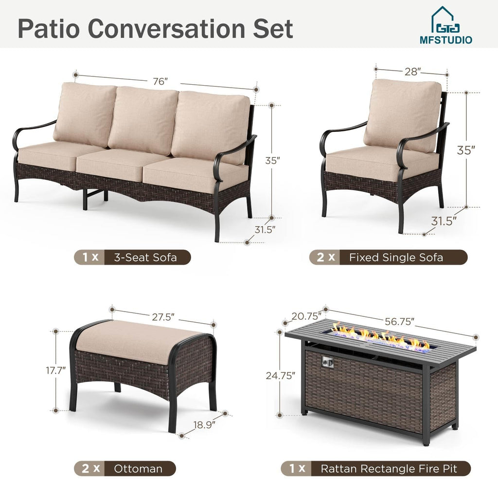MFSTUDIO 6 PCS Outdoor Patio Furniture Set, Metal Outdoor Conversation Set, Rattan Wicker Patio Sectional Set with 2 x Fixed Single Sofa, 3-Seat Sofa, 2 x Ottoman, 1 x Fire Pit Table, Beige