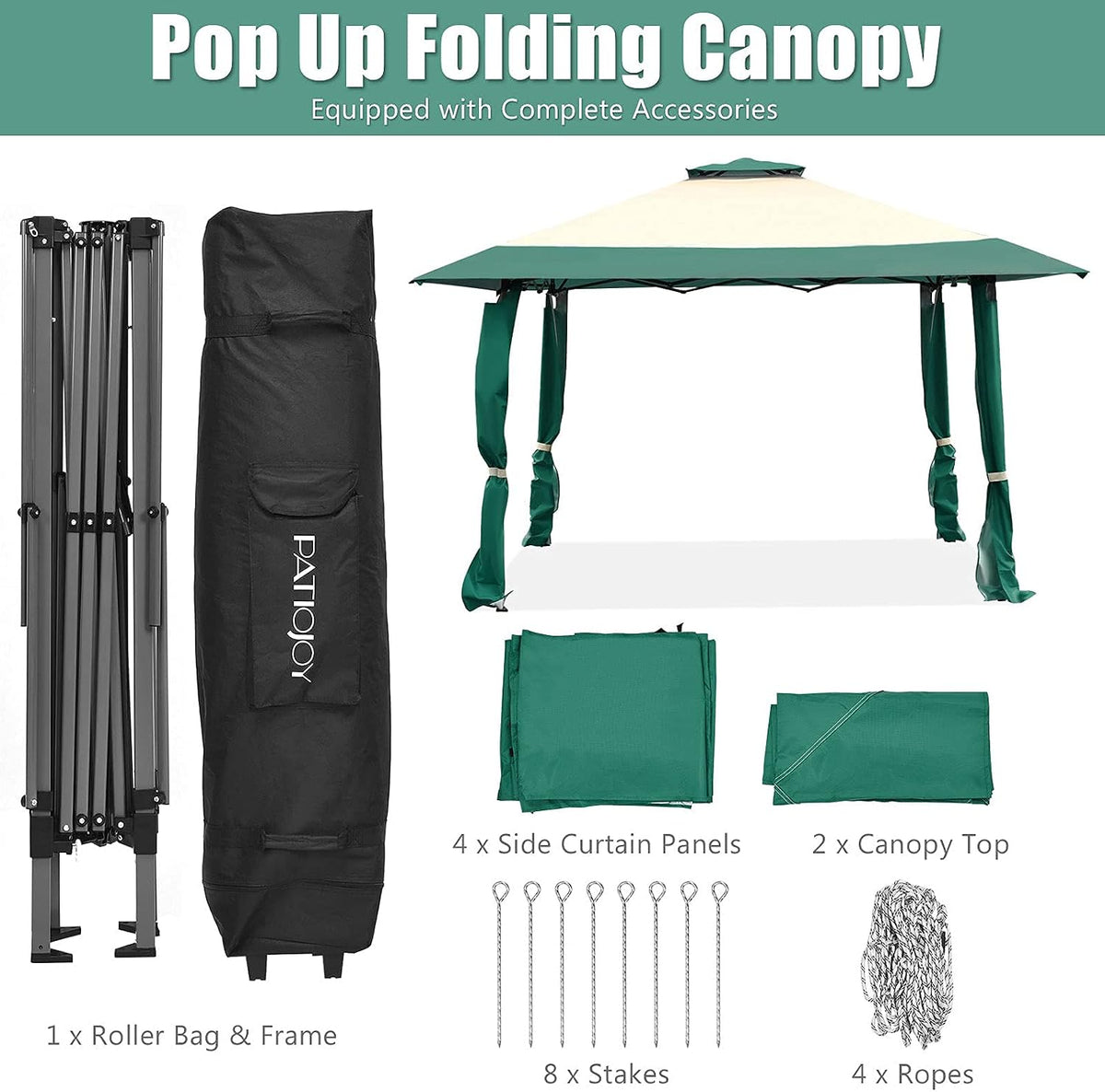 Tangkula 13 x13Ft Pop-Up Gazebo, Outdoor Canopy Shelter w/ 2-Tier Roof, Corner Curtains & 3 Adjustable Heights, Patio Gazebo with 169 Sq.Ft of Shade for Yard, Patio, Beach & Park (Green)